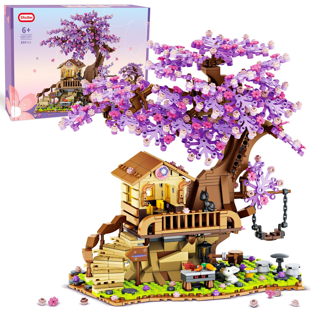 Sitodier Cherry Blossom Tree House Building Kit—vibrant pieces form a playful, imaginative tree house scene.