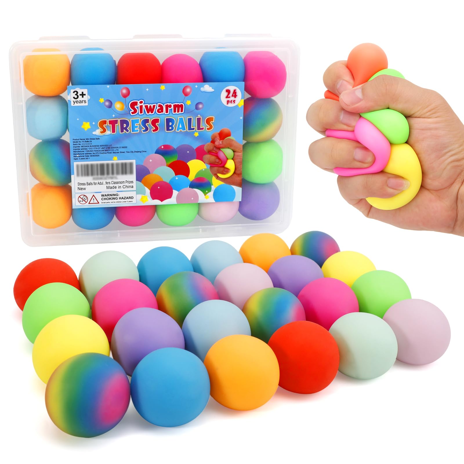 Siwarm 24-pack colorful stress balls in palm size for quick desk relief.