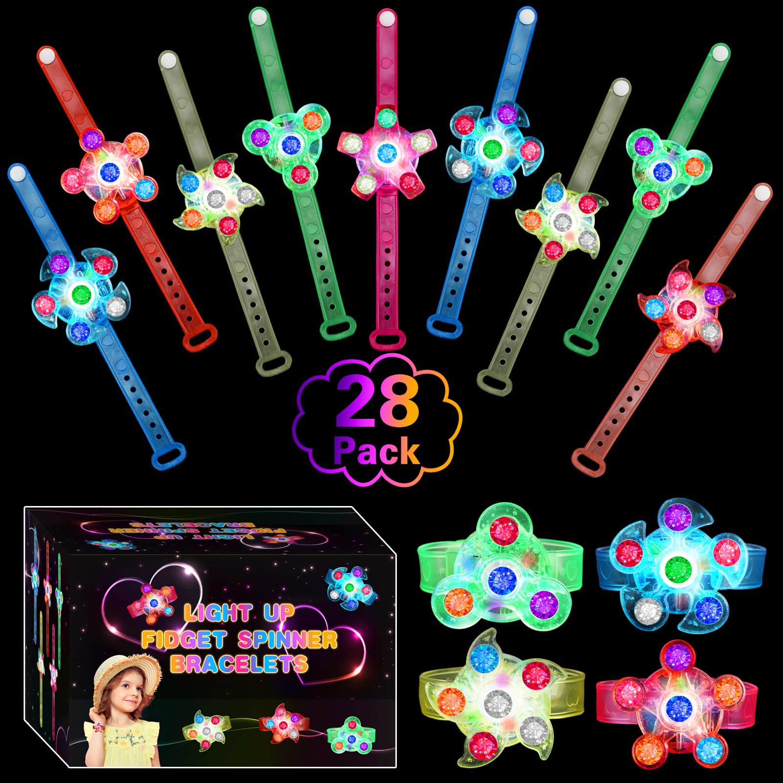 Siwarm 28-pack LED light-up fidget spinner bracelets glow for nighttime parties.