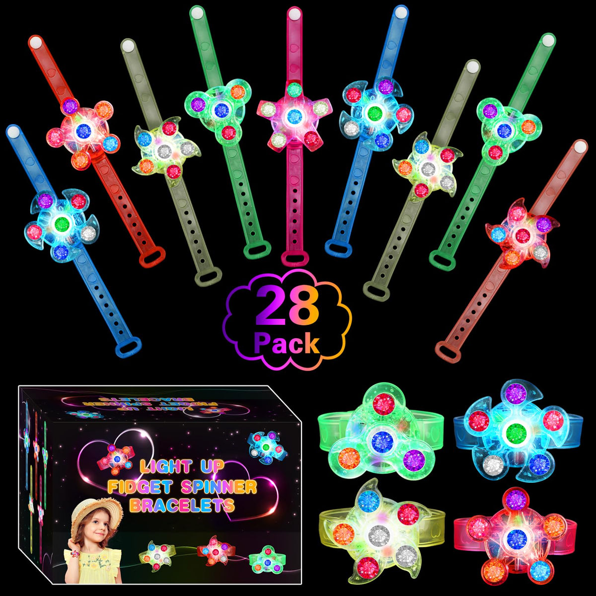 Siwarm 28-pack LED light-up fidget spinner bracelets glow for nighttime parties.