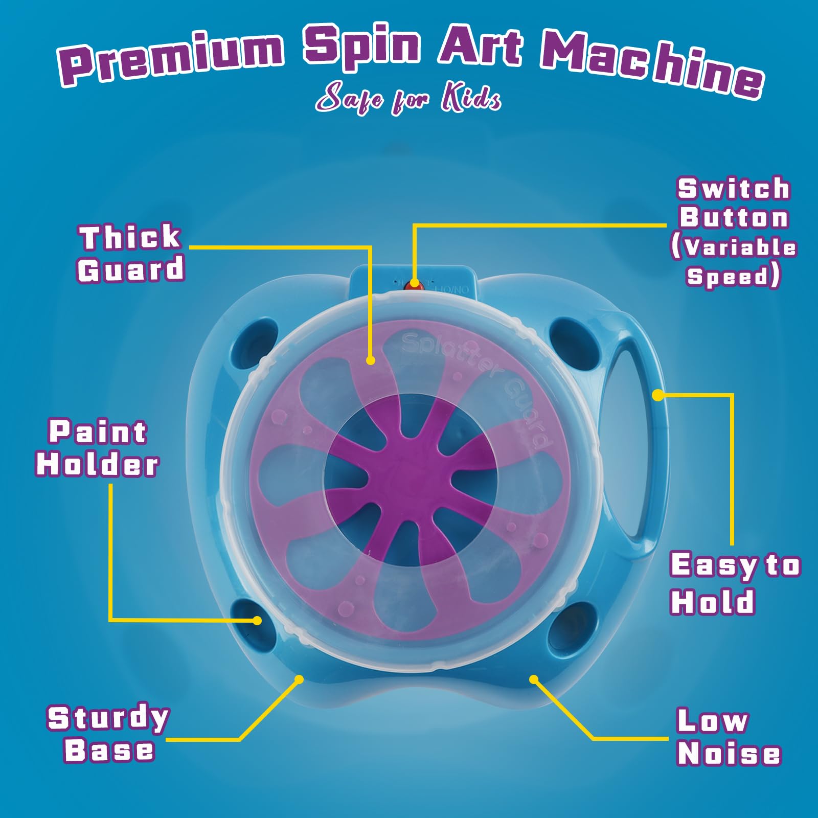 Sixth Space Spin Art colors pack beside the machine, highlighting vibrant hues.
