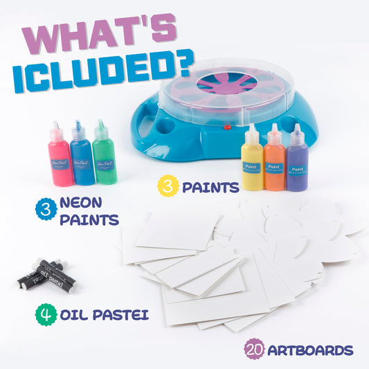 Sixth Space Spin Art Machine thick lid guard enables cleaner splatter sessions.