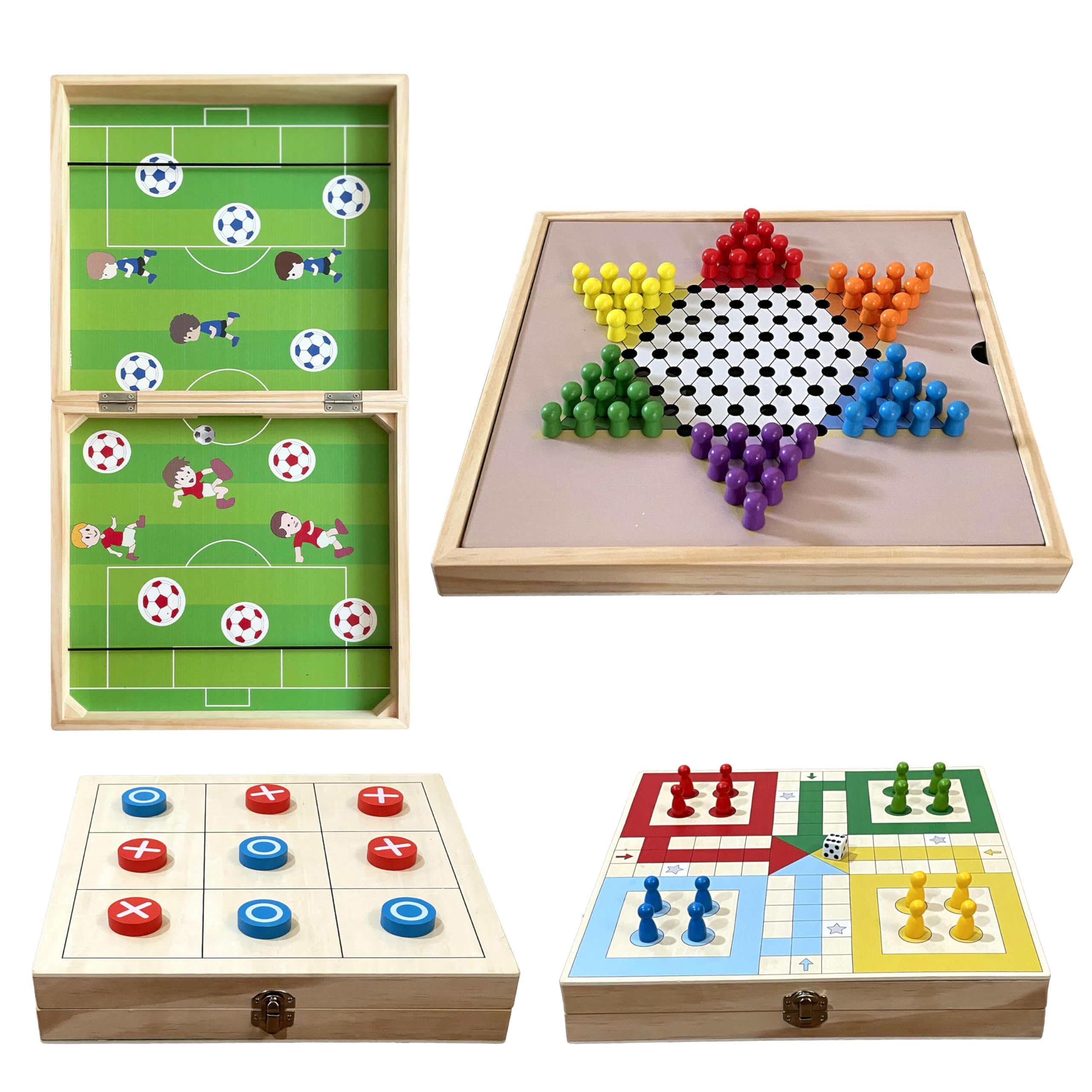 Siyaa double-sided 4-in-1 wooden board game set opened box for family play