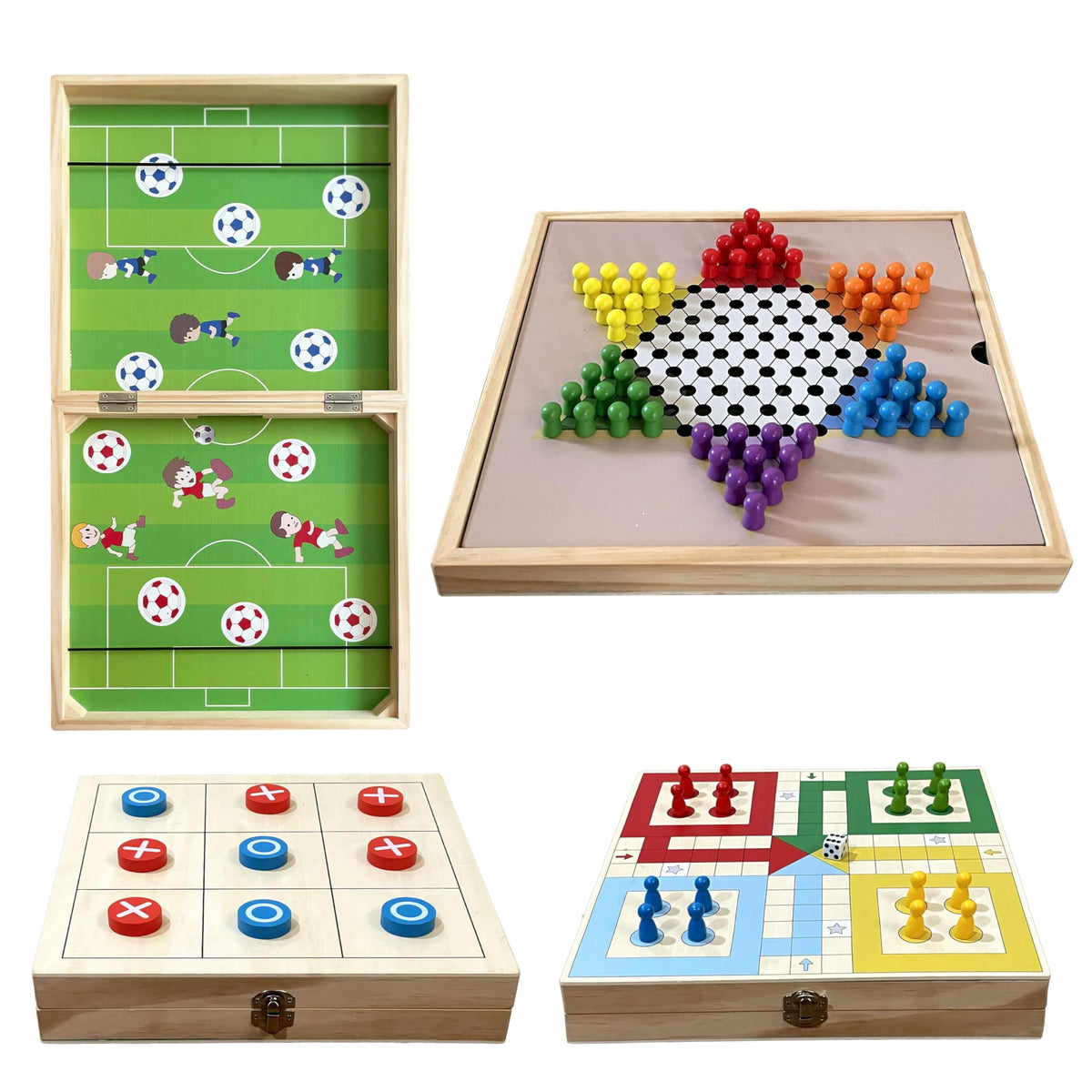 Siyaa double-sided 4-in-1 wooden board game set opened box for family play