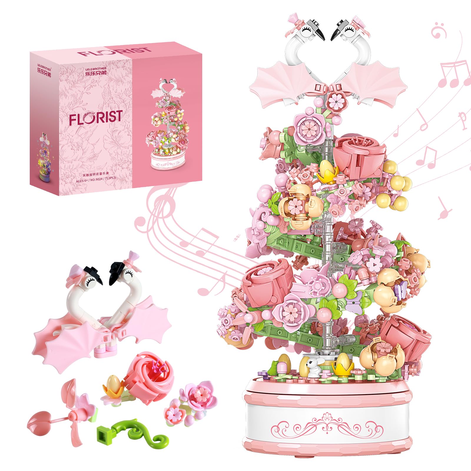 SJIADA Flowers Music Box Kit with 713 pieces forming a bouquet and rotating base.