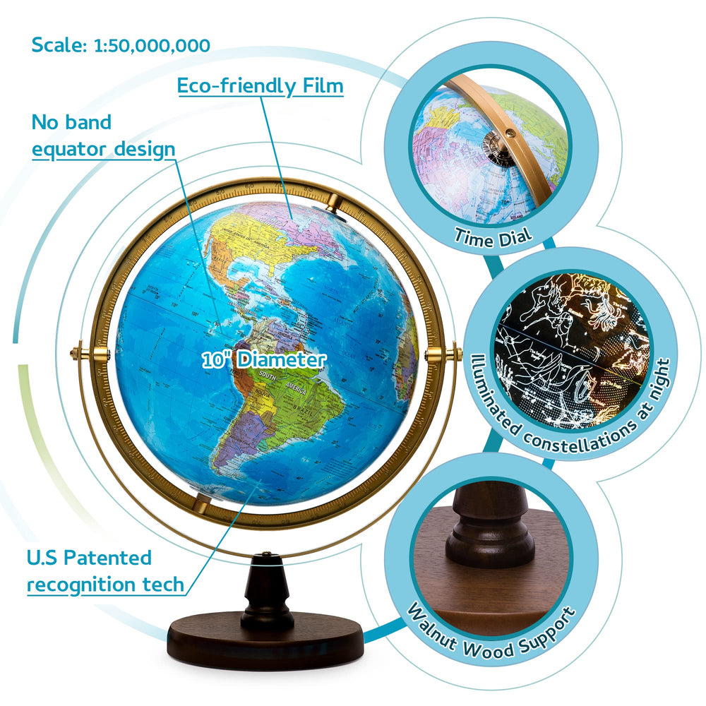SJSMARTGLOBE LED constellations illuminate 88 stars for night-time learning.