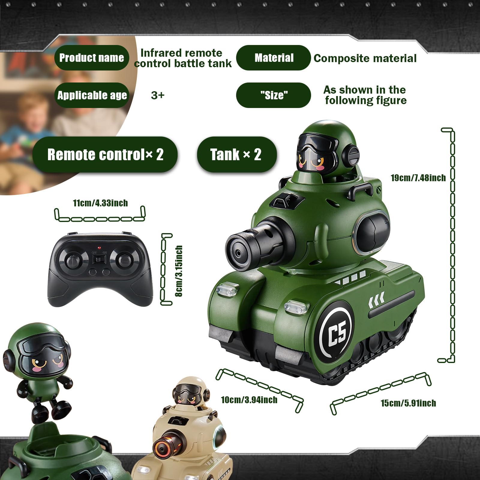 SKEKECIE RC Battle Tank 2.4GHz remote enables smooth multiplayer.