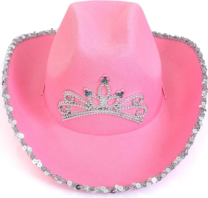 Skeleteen pink cowboy hat front view with sequin trim, ideal for costume play.