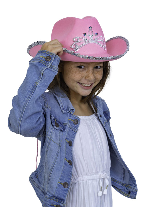 Skeleteen pink sequin crown, perfect for princess cowgirl cosplay and photo ops.
