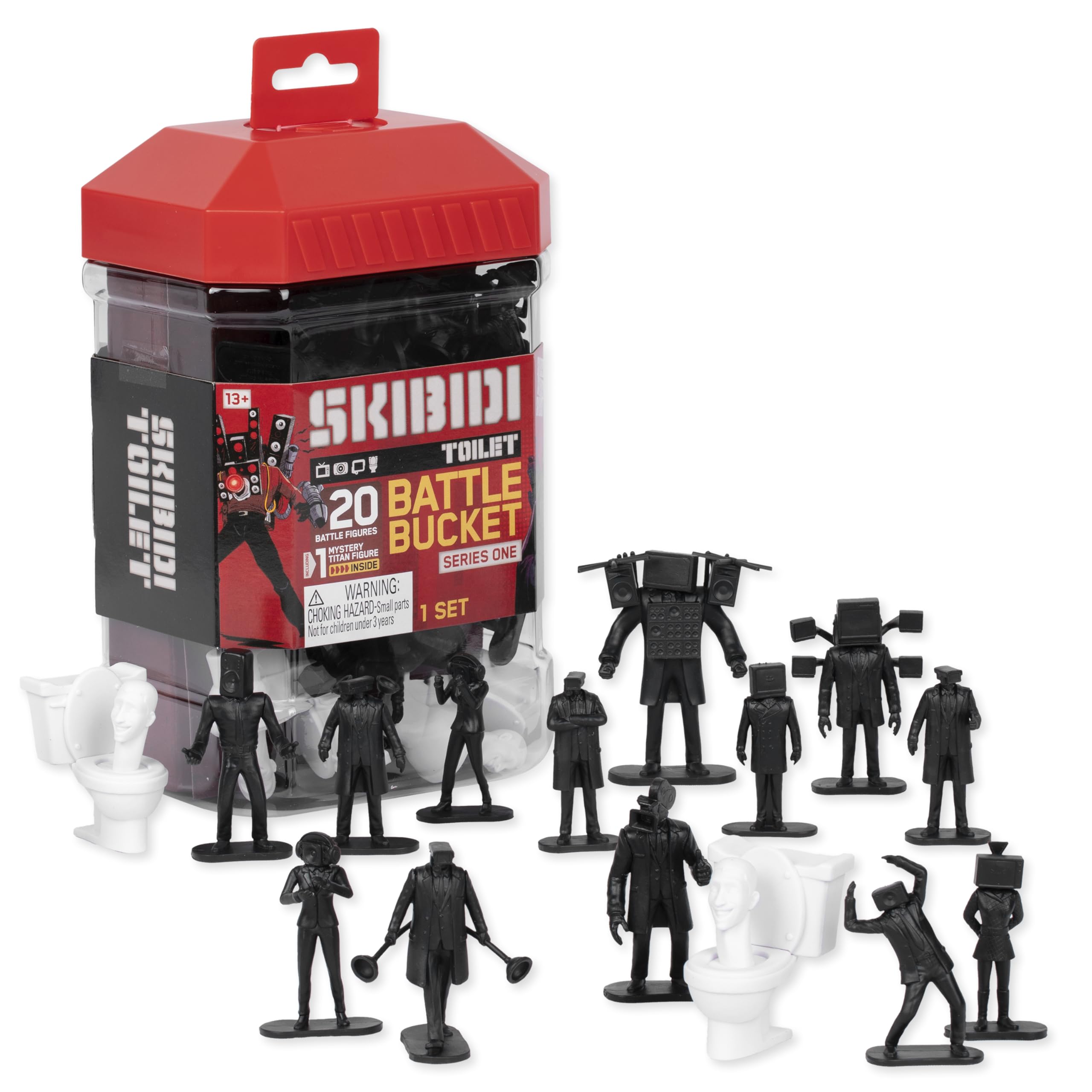 Skibidi Toilet Battle Bucket 20-figure set for a striking front-view display.