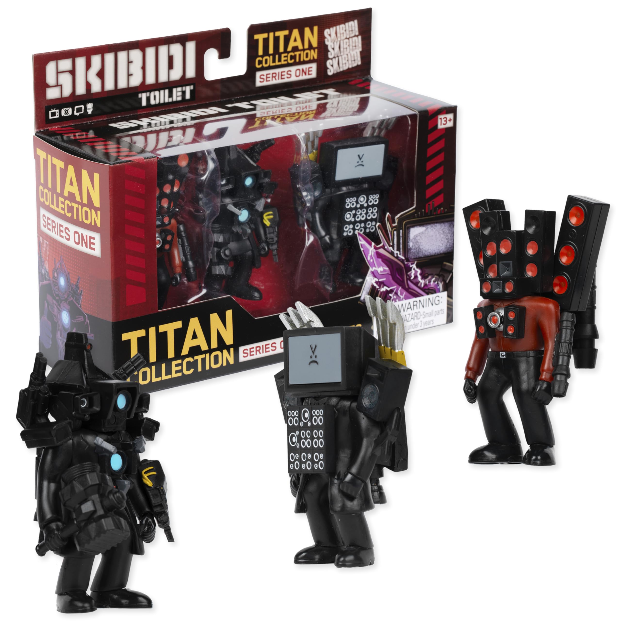 Skibidi Toilet Titan 3 Pack packshot showcases three collectible figures for display.