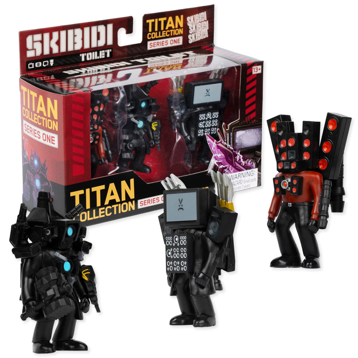 Skibidi Toilet Titan 3 Pack packshot showcases three collectible figures for display.