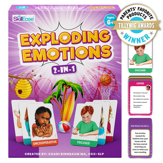 SkillEase Exploding Emotions cards front with expressive faces to help kids recognize emotions.