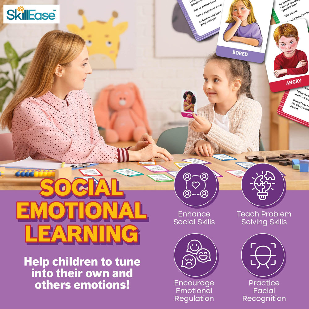 SkillEase Exploding Emotions game scene showing 140 scenarios for relaxed, fun social learning.