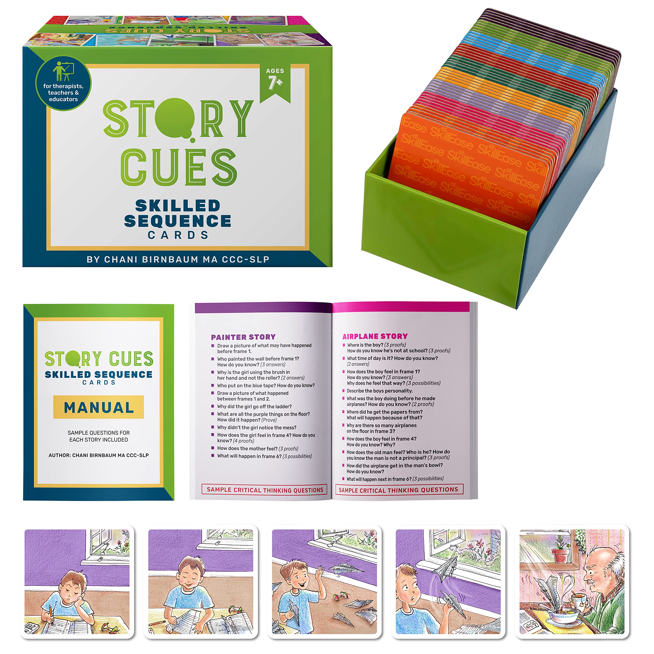 SkillEase Story Cues sequencing cards in a colorful set for vocabulary and sequencing practice.