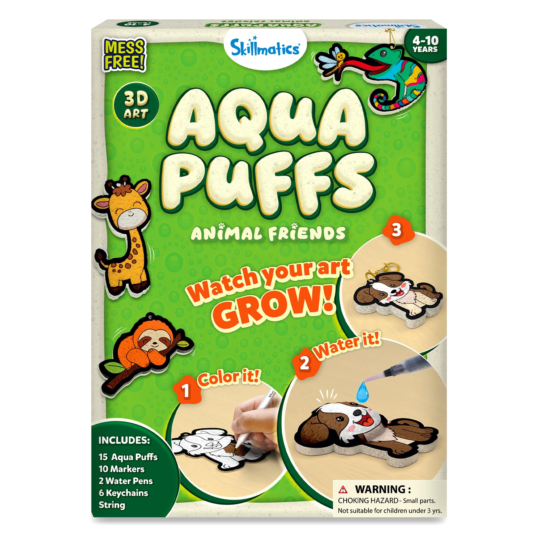 Skillmatics Aqua Puffs Animals box showing the starter kit for puff art