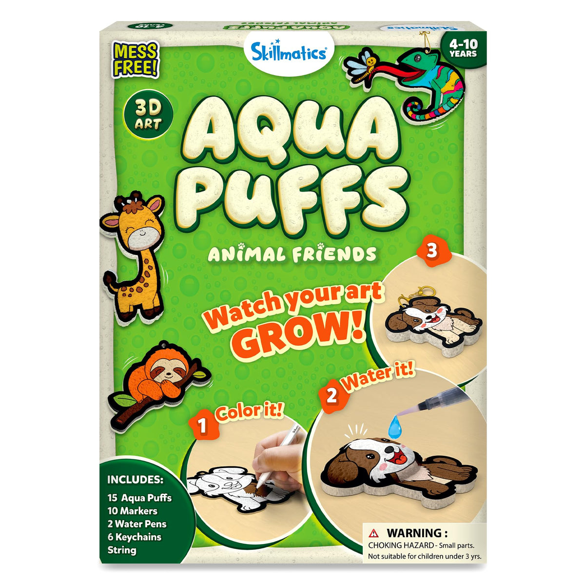 Skillmatics Aqua Puffs Animals box showing the starter kit for puff art