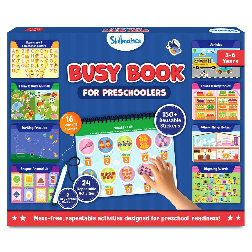 Skillmatics Busy Book cover shows a portable, screen-free learning tool for preschoolers