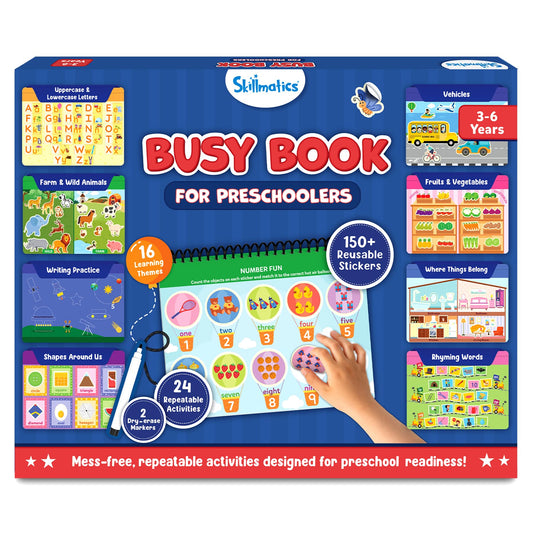 Skillmatics Busy Book cover shows a portable, screen-free learning tool for preschoolers