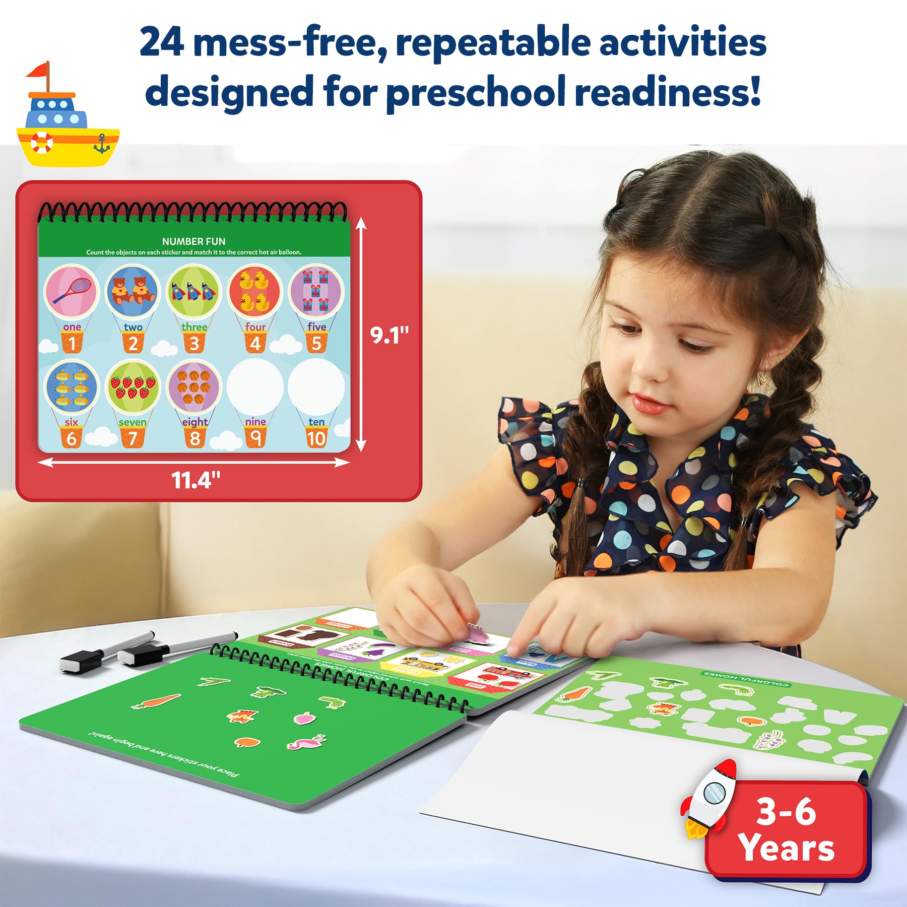 Skillmatics Busy Book pages open to hands-on activities that strengthen fine motor skills