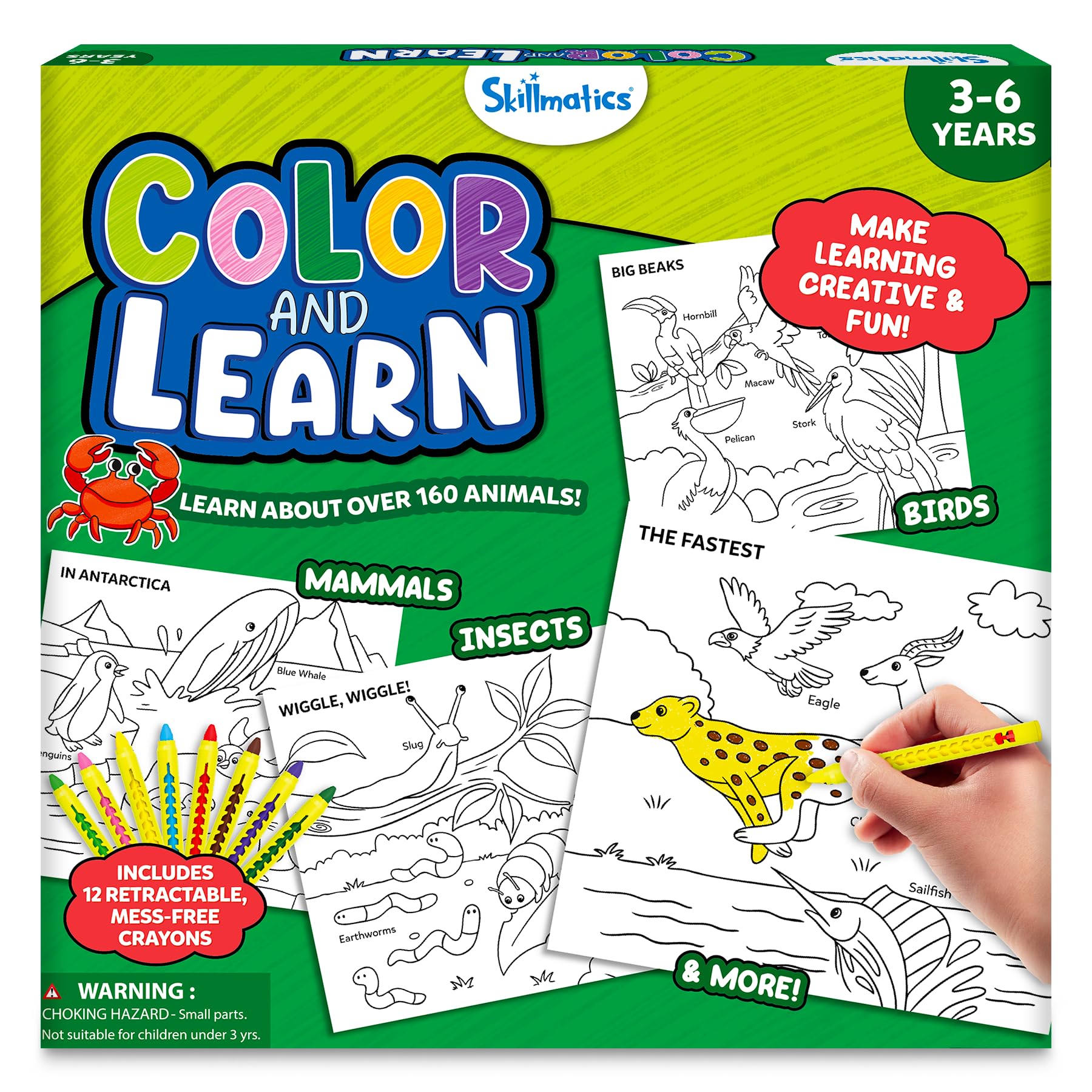 Skillmatics coloring book cover with animal illustrations and bright colors