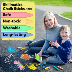 Skillmatics chalk is easy to clean with water after colorful sidewalk designs.