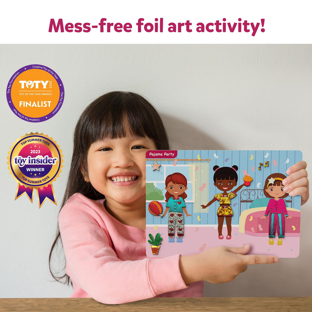 Skillmatics Foil Fun foil sheets add shine for vibrant no-mess dress-up art.
