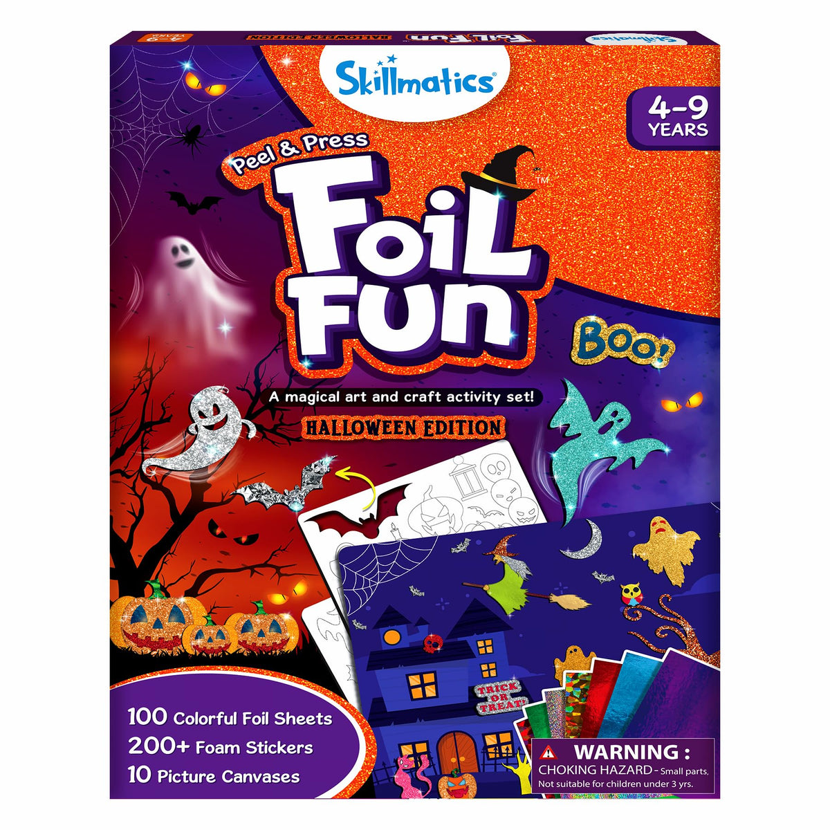 Skillmatics Foil Fun Halloween box front showing kit contents and setup idea