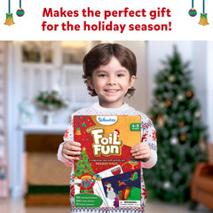 Skillmatics Foil Fun kid using the kit during travel for creative entertainment.