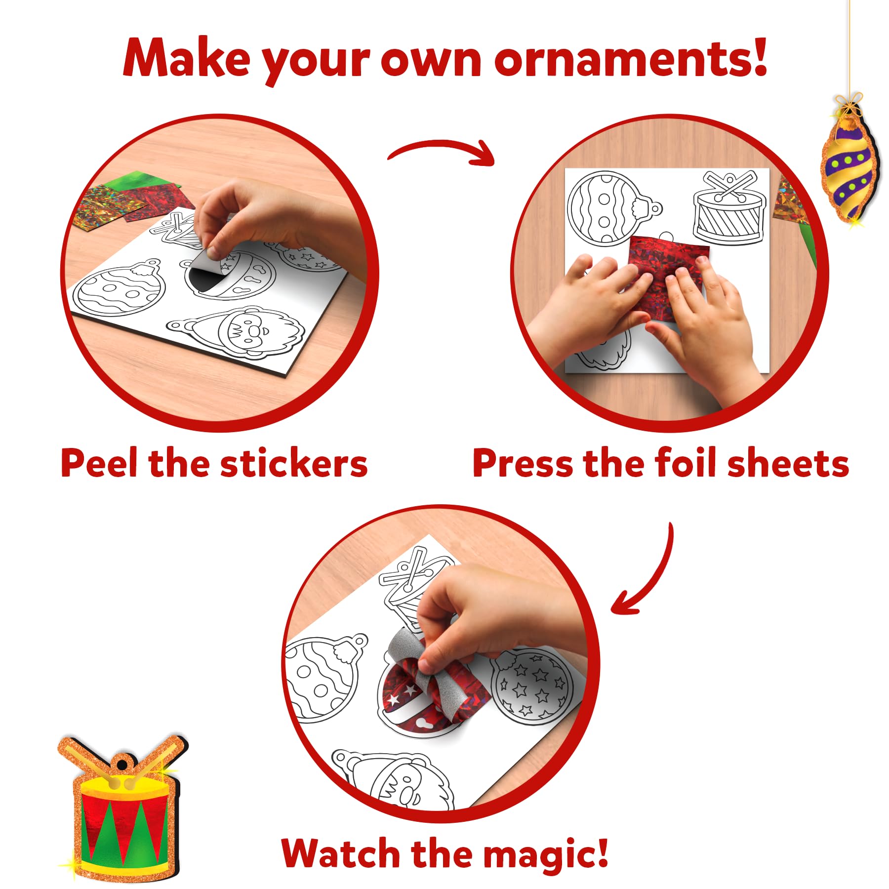 Skillmatics Foil Fun poke-in stick helps pop out and assemble ornaments.