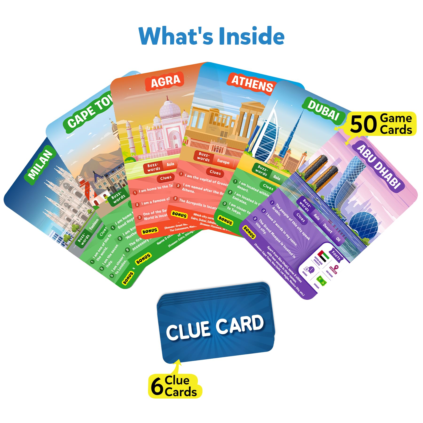 Skillmatics Guess in 10 Cities game cards spread, boosts geography knowledge and strategy.