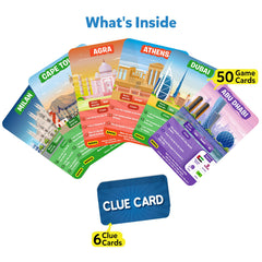 Skillmatics Guess in 10 Cities game cards spread, boosts geography knowledge and strategy.