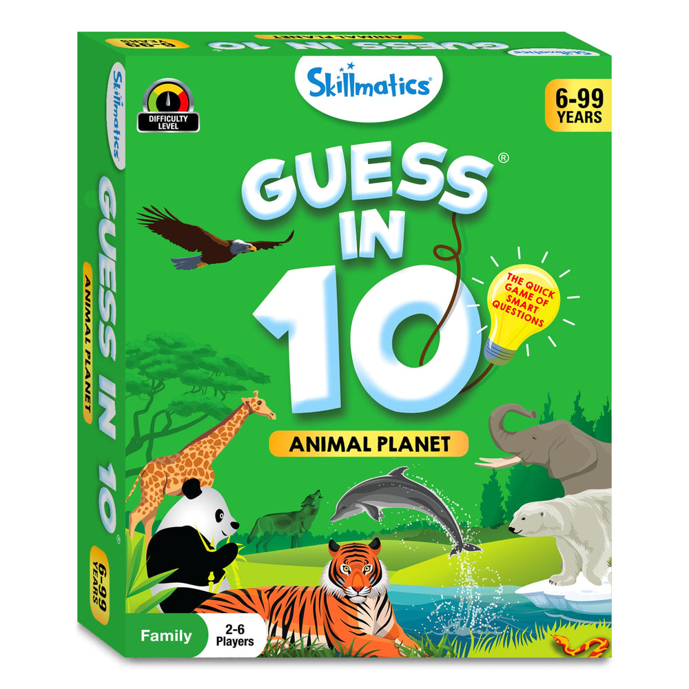 Skillmatics Guess in 10 Animal Planet family game night scene celebrating inclusive play