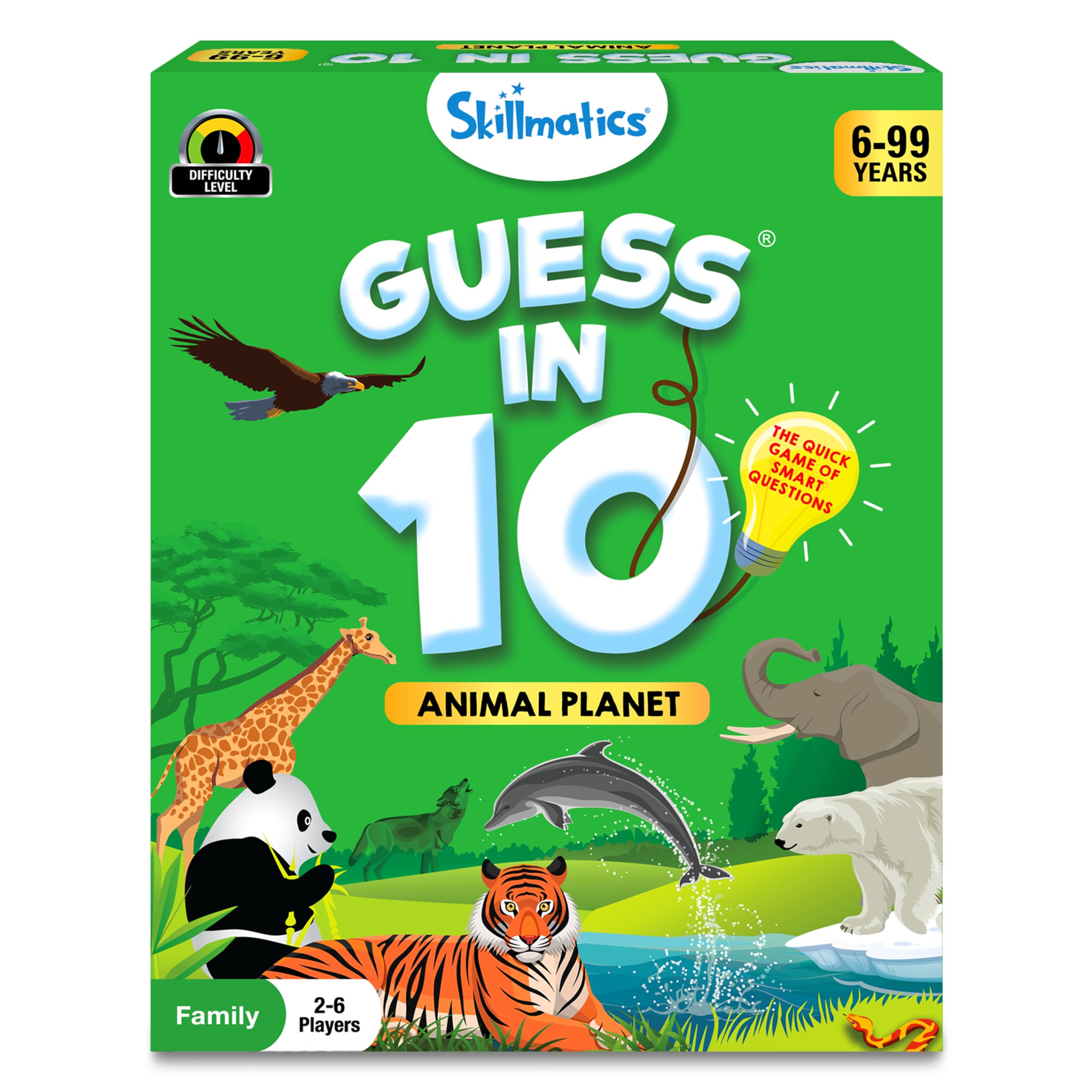Skillmatics Guess in 10 Animal Planet game card close-up with vivid clues for quick guessing