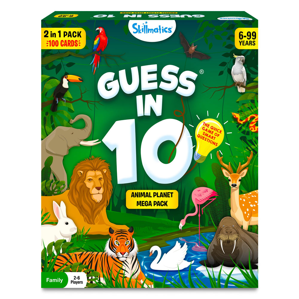 Skillmatics Guess in 10 Animals Megapack cards fuel quick animal-guess trivia.