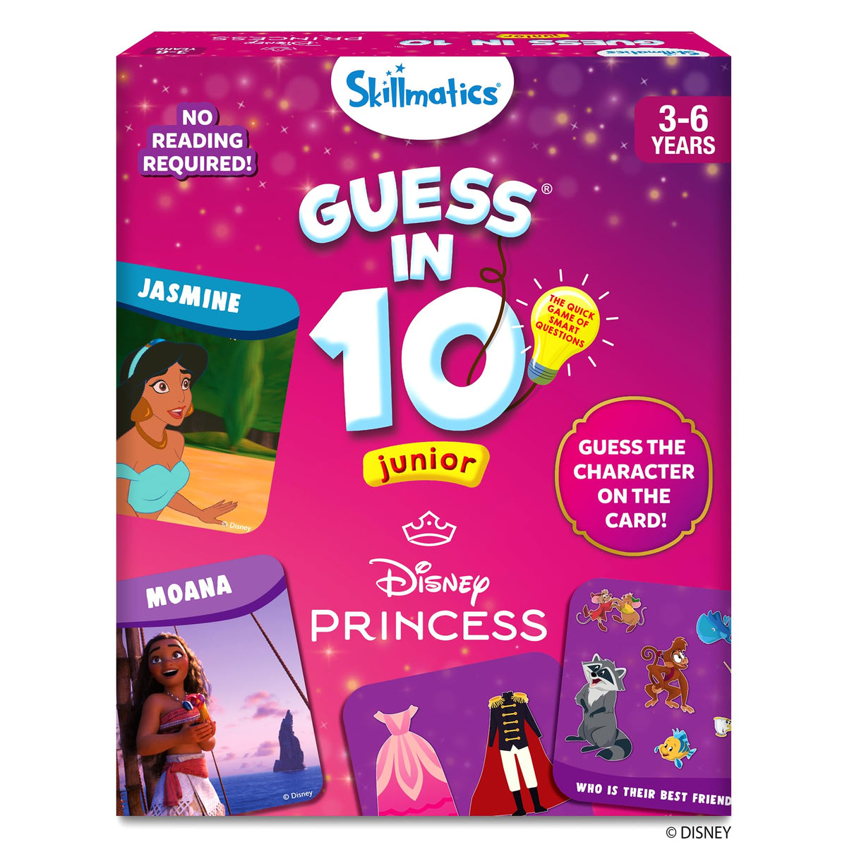 Skillmatics Guess in 10 Disney Princess cards laid out for play