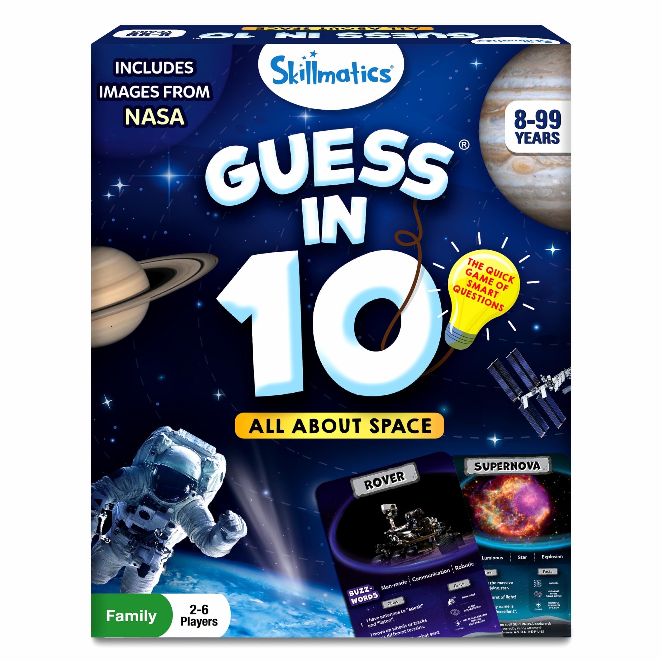 Skillmatics Guess in 10 NASA Space box cover, ideal for family game nights.