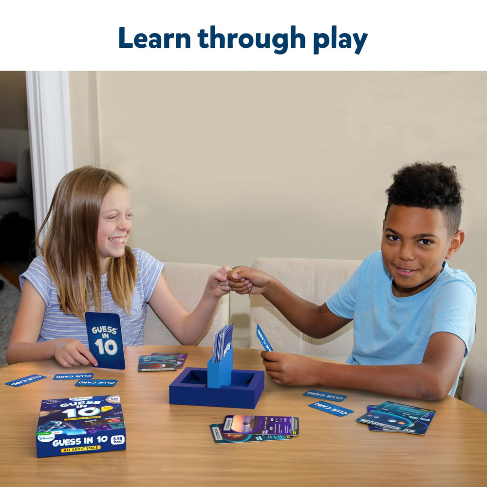 Skillmatics Guess in 10 NASA Space play area shows players strategizing together.