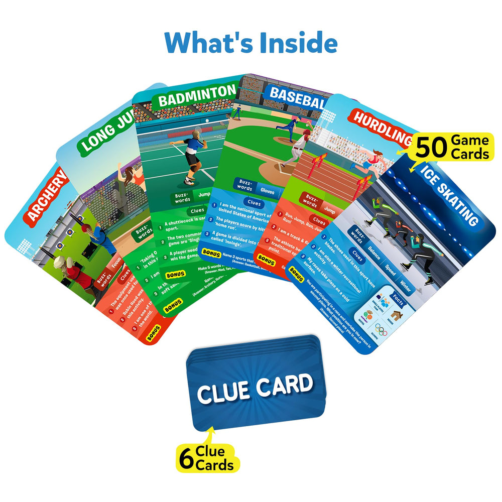 Skillmatics Guess in 10 Sports clue cards shown for smarter questioning during play.