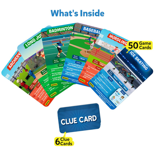 Skillmatics Guess in 10 Sports clue cards shown for smarter questioning during play.