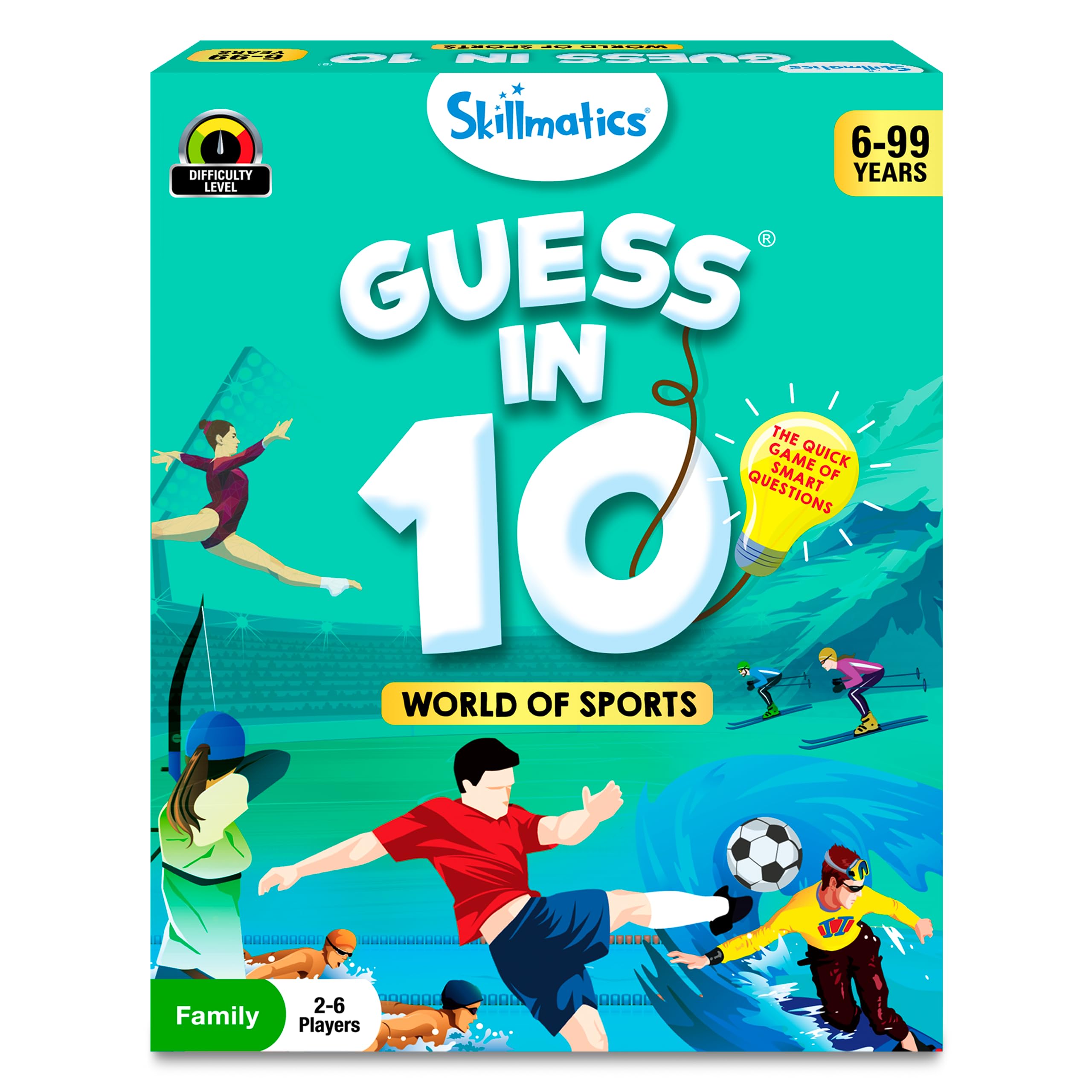 Skillmatics Guess in 10 Sports game card set highlights quick gameplay for family nights.