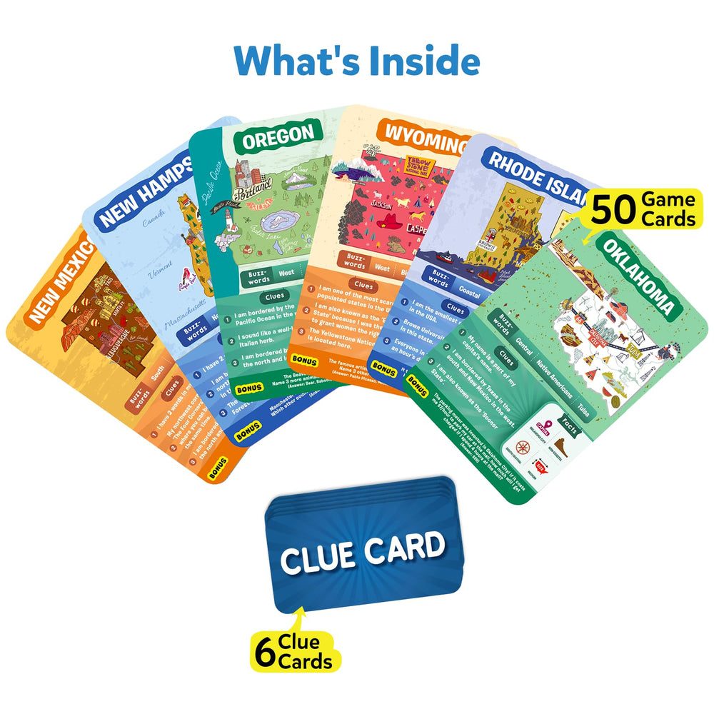Skillmatics Guess in 10 States clue cards to aid strategic play and clues