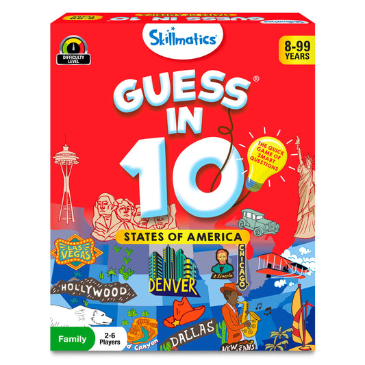Skillmatics Guess in 10 States game cards for geography learning during family game night