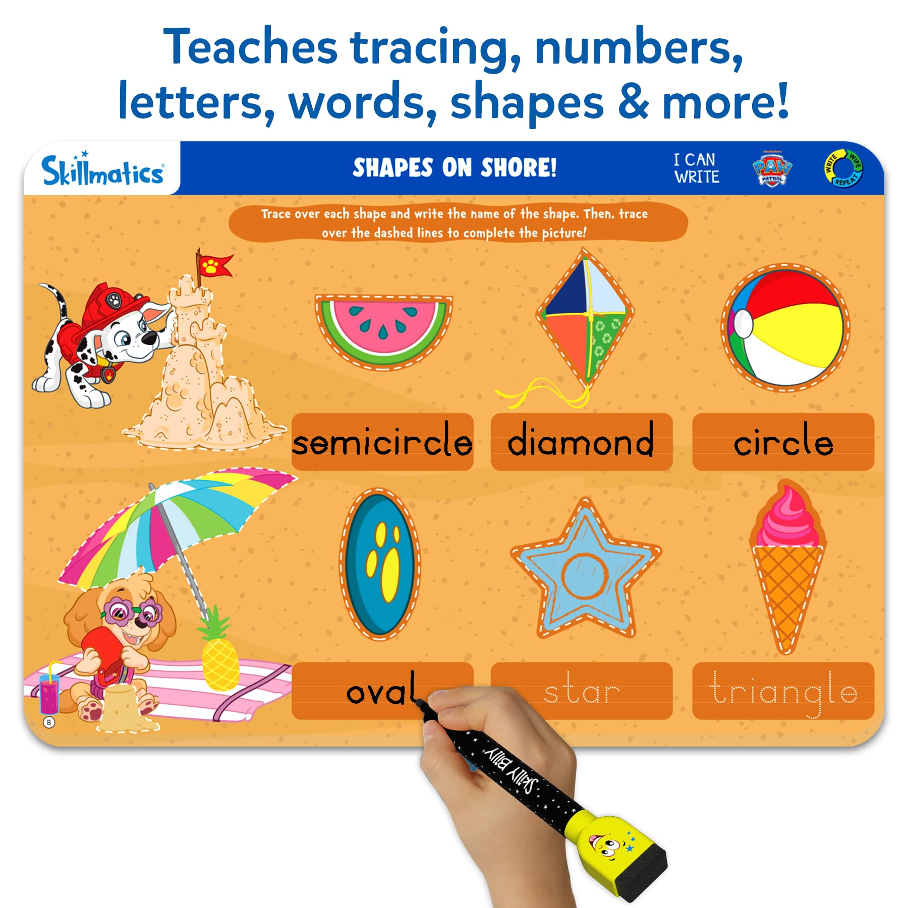 Tracing numbers and letters on PAW Patrol scenes supports early literacy and numeracy.