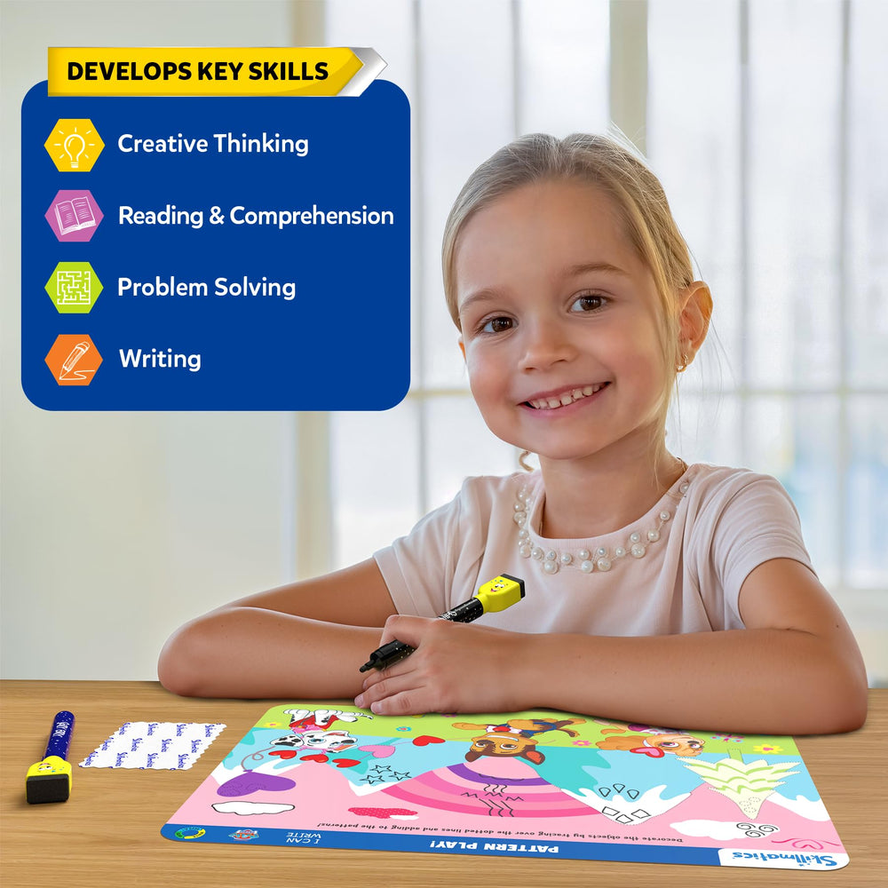 Kids practice writing on PAW Patrol mats during screen-free play with Skillmatics.