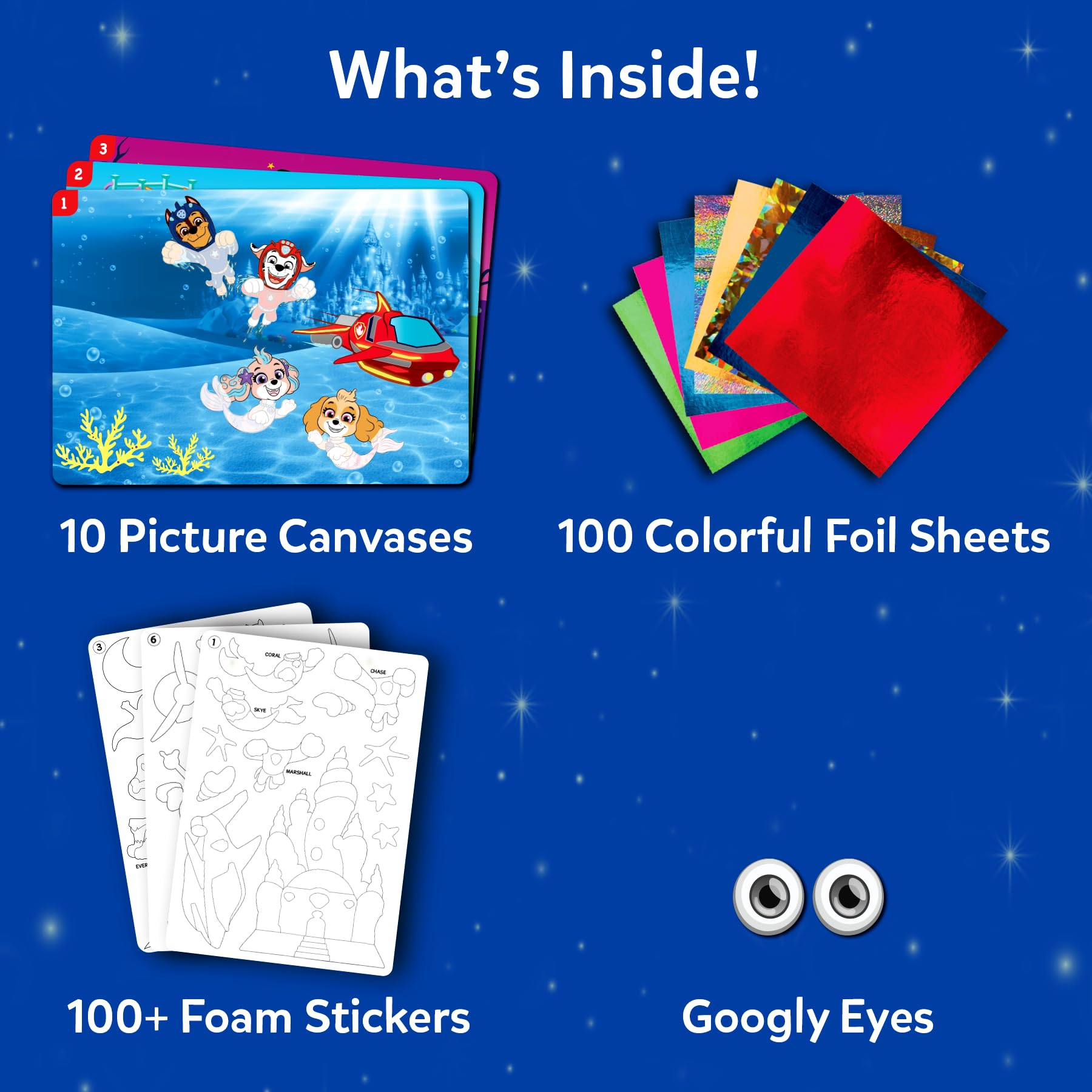 Color foil sheets catch light for bright PAW Patrol scenes.