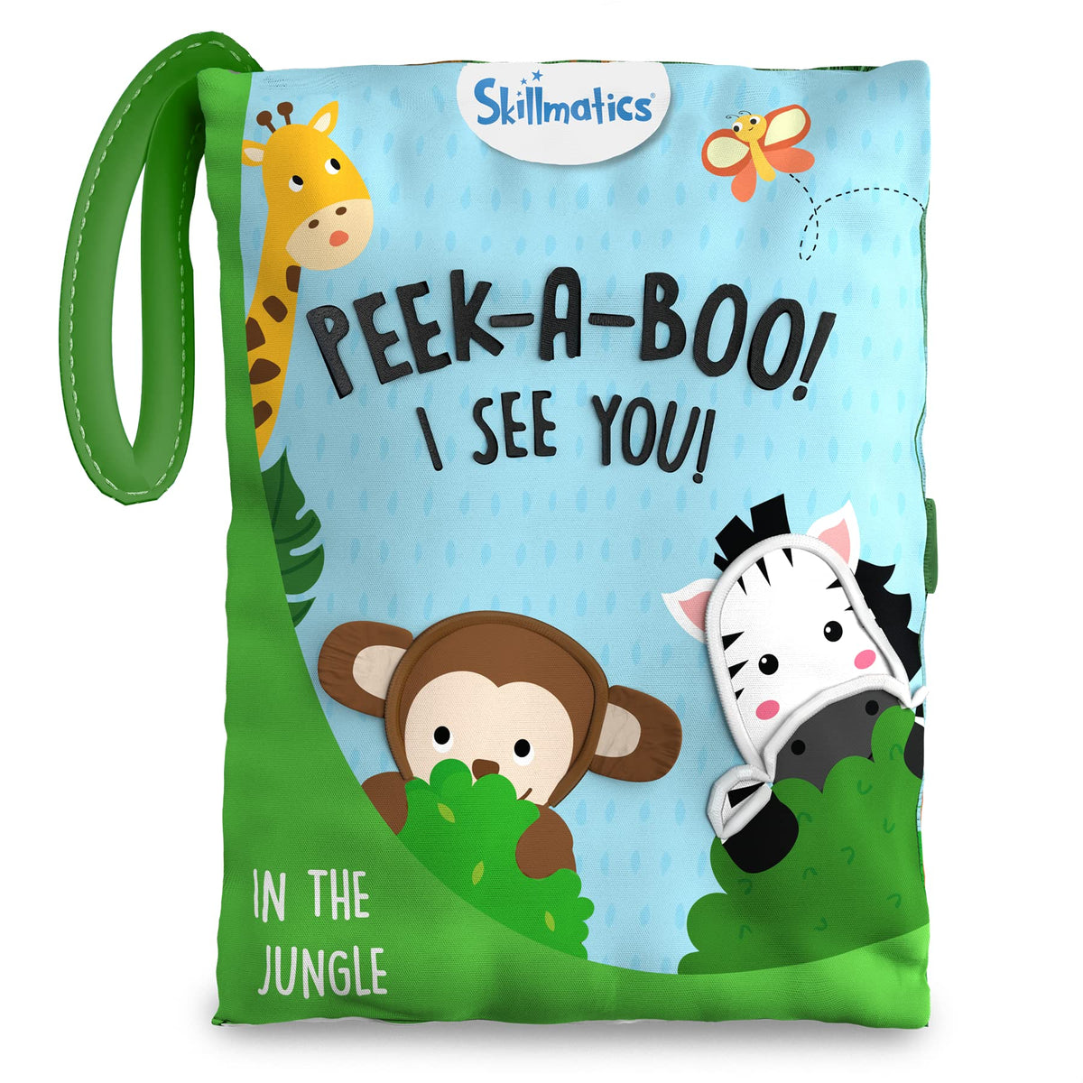 Skillmatics Peek-A-Boo Jungle Book cover showcases soft fabric for baby exploration.