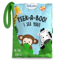 Skillmatics Peek-A-Boo Jungle Book cover showcases soft fabric for baby exploration.