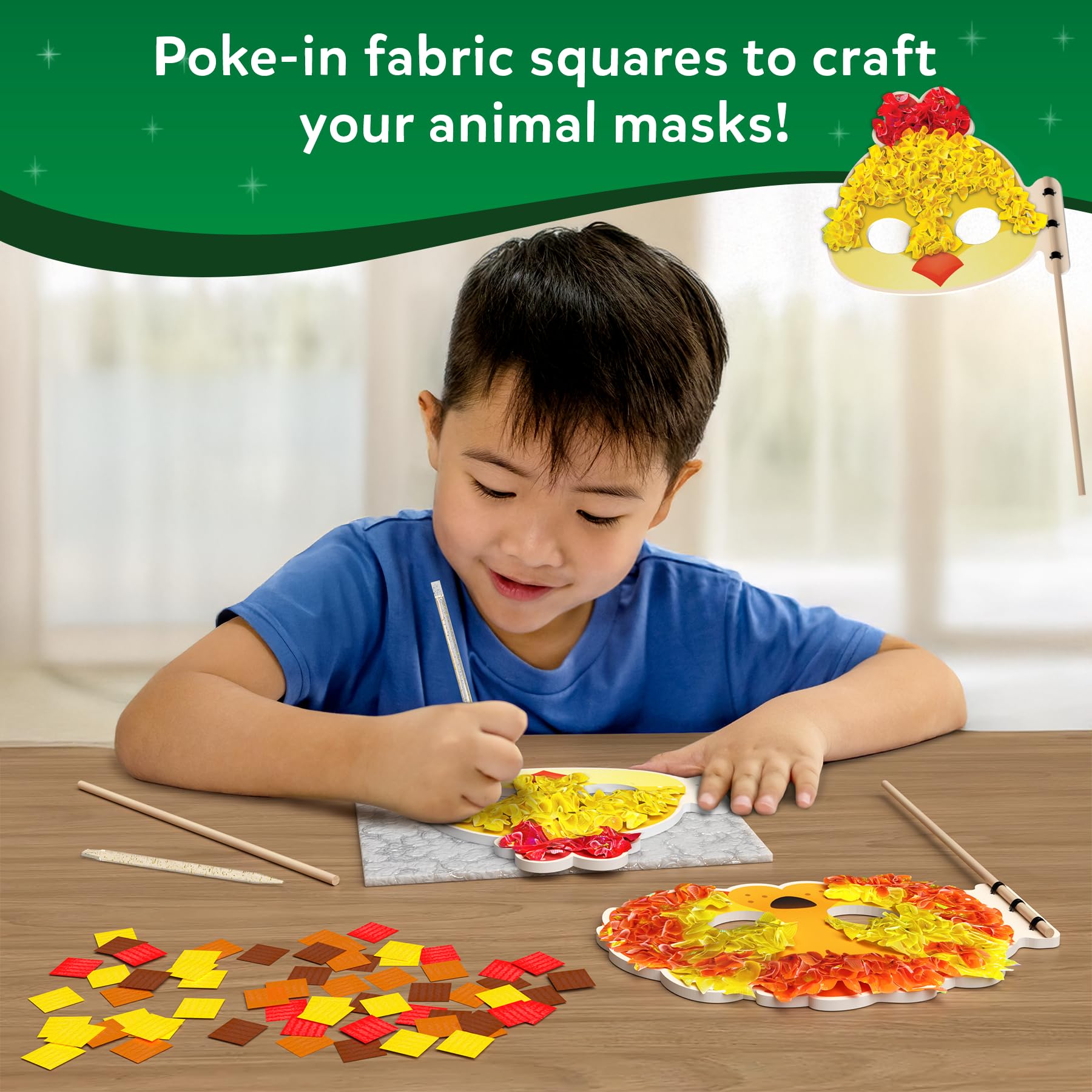 Skillmatics Poke-in Art fabric squares pack enabling bright mask designs.