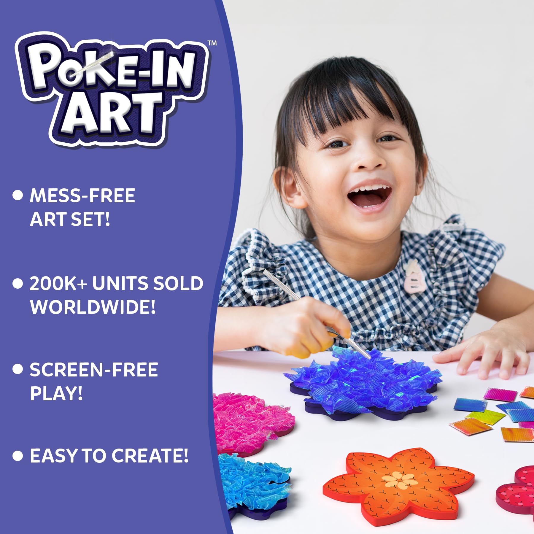 Skillmatics Poke-in Art Fabric Squares arranged for petals on a flower, enabling simple crafting.
